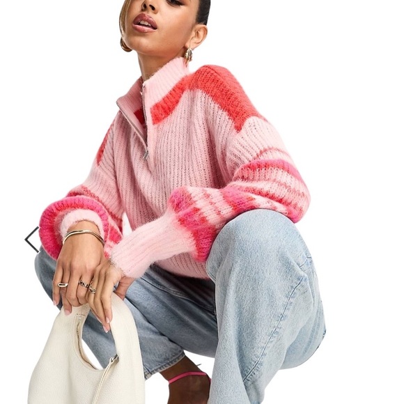 French Connection Sweaters - FRENCH CONNECTION NWT Nika Half Zip Chunky Sweater Size Medium in Pink Stripe